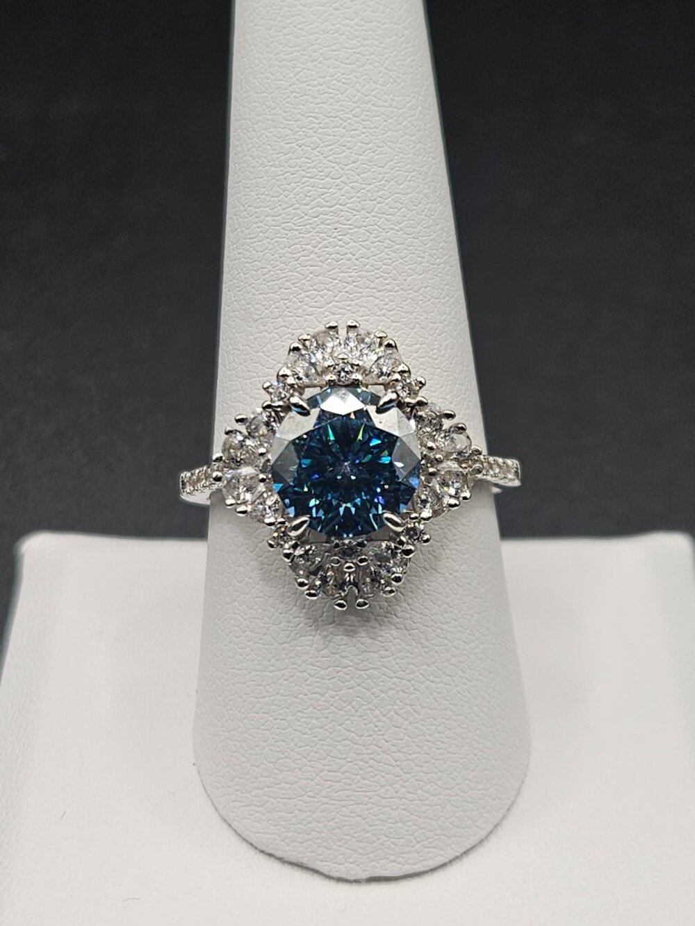 4 CTW Blue Moissanite Halo Engagement Ring Size 9 White Gold Filled 925 Silver